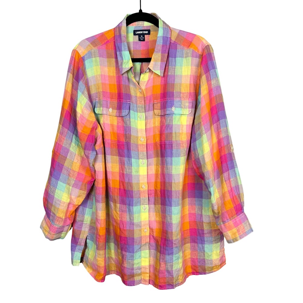 Lands End Linen Shirt Womens 1X Rainbow Madras Plaid Button Down Colorful Preppy - Picture 2 of 11